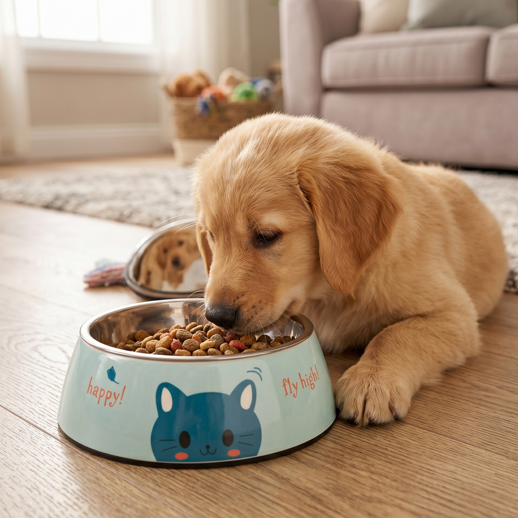 Puppy eating from a bowl with cartoon cat design on a wooden floor.